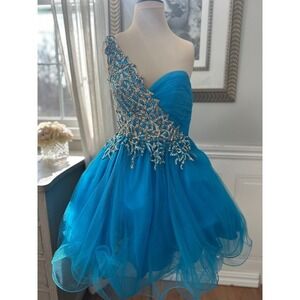Sherri Hill Tulle Mini Dress Turquoise Blue Sequin Prom Cocktail Party Size 0